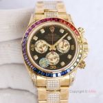 Swiss Replica Rainbow Rolex Daytona Gold With Black Diamond Dial Rolex Oyster Band With Diamonds